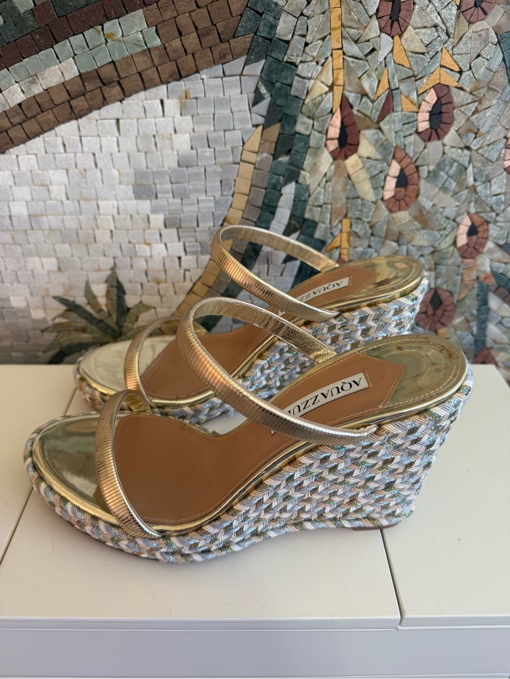 Aquazzura Metallic Gold Braided Espadrille Wedge Sandals